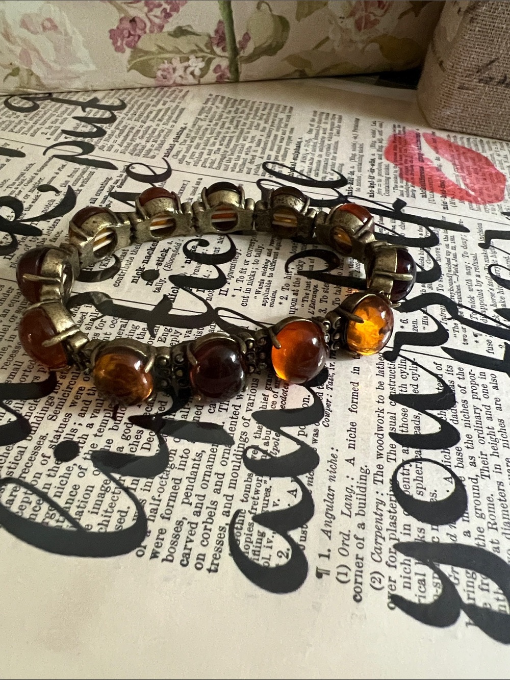 Women's Amber colored & Garnet Glass Cabochon Stretch Bracelet